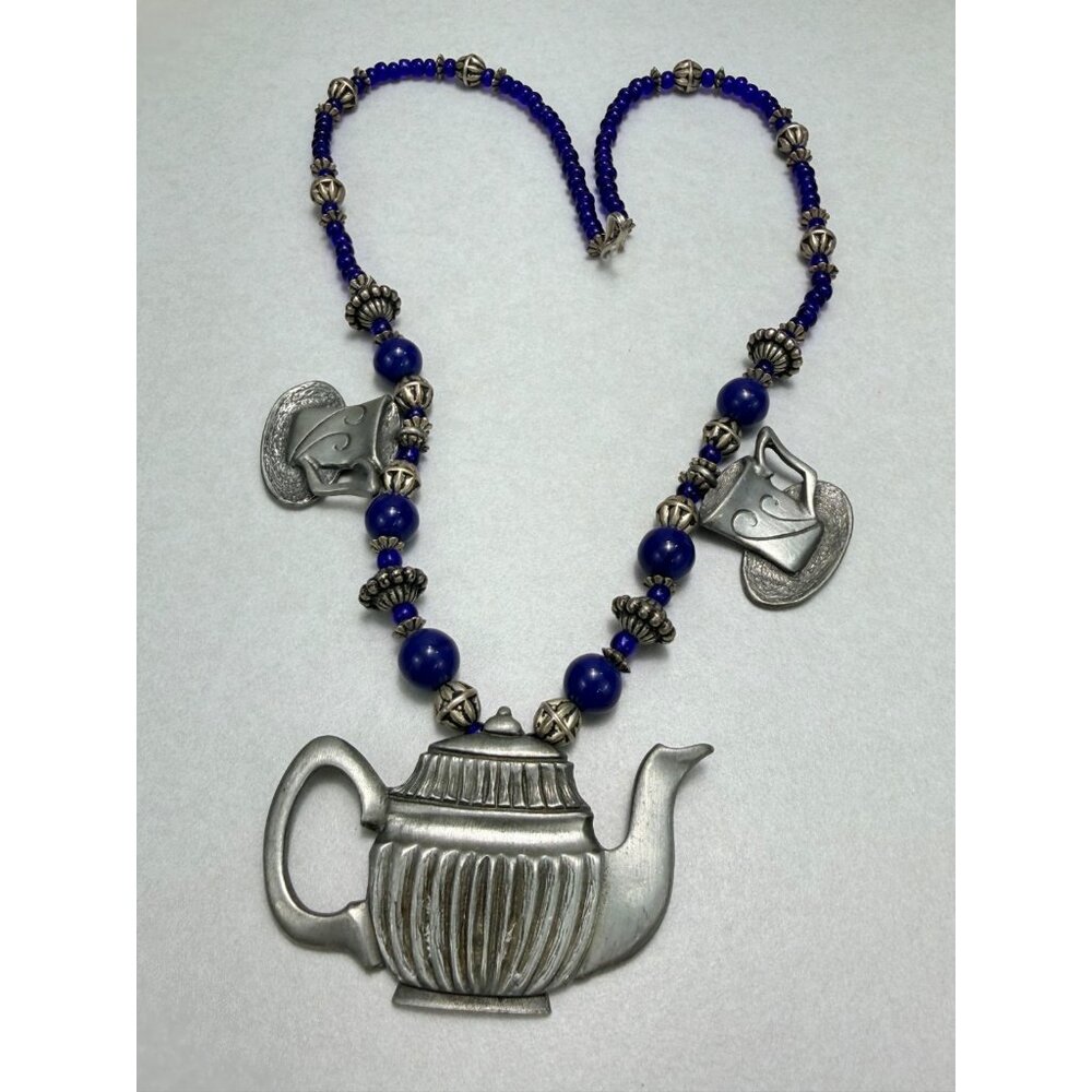 Unique Silver Tone Blue Glass Teapot Statement Necklace Artisan Bold